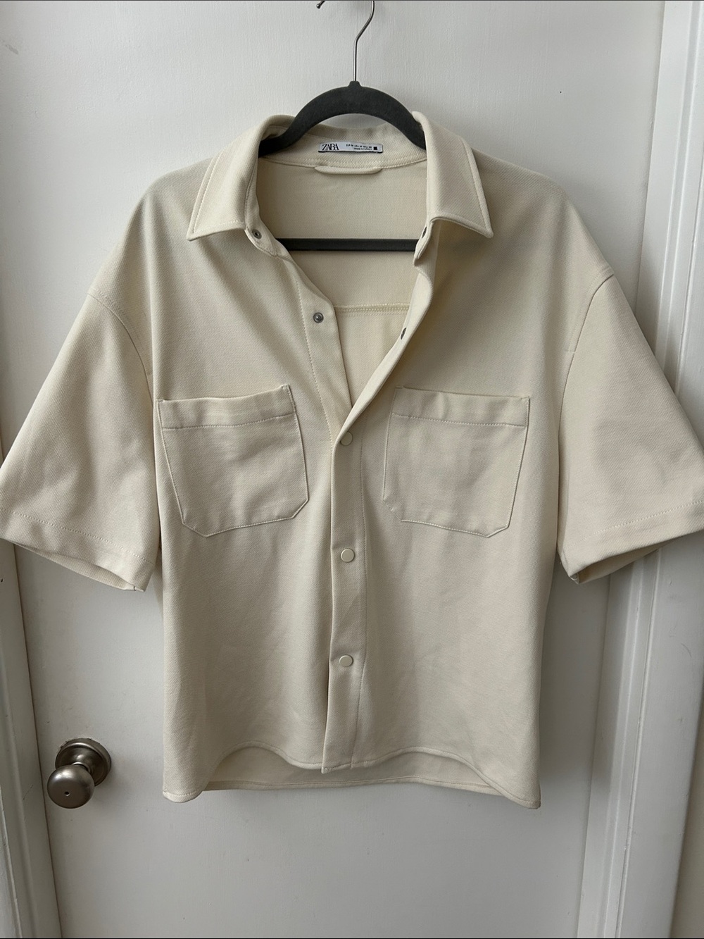 Zara Cream Short-Sleeve Button Front Shirt with Patch Pockets